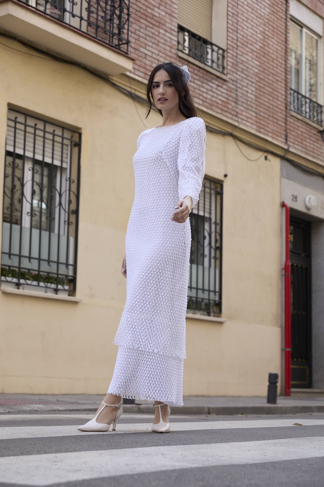 Vestido de novia vintage con tejido en forma de lágrima