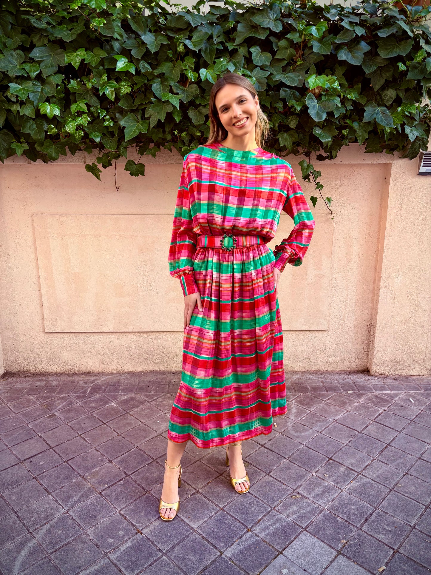 Vestido seda rayas de colores años 80
