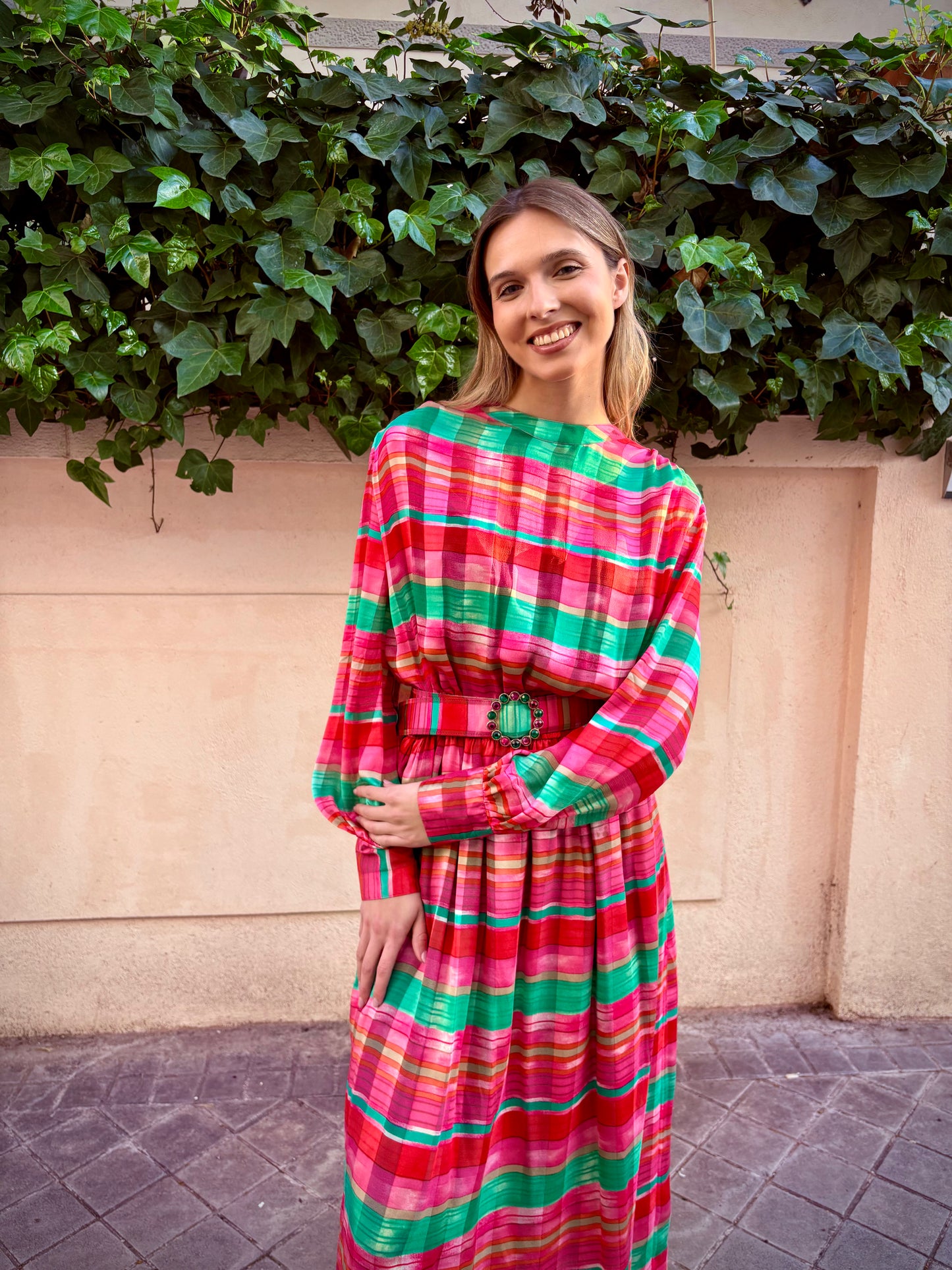 Vestido seda rayas de colores años 80