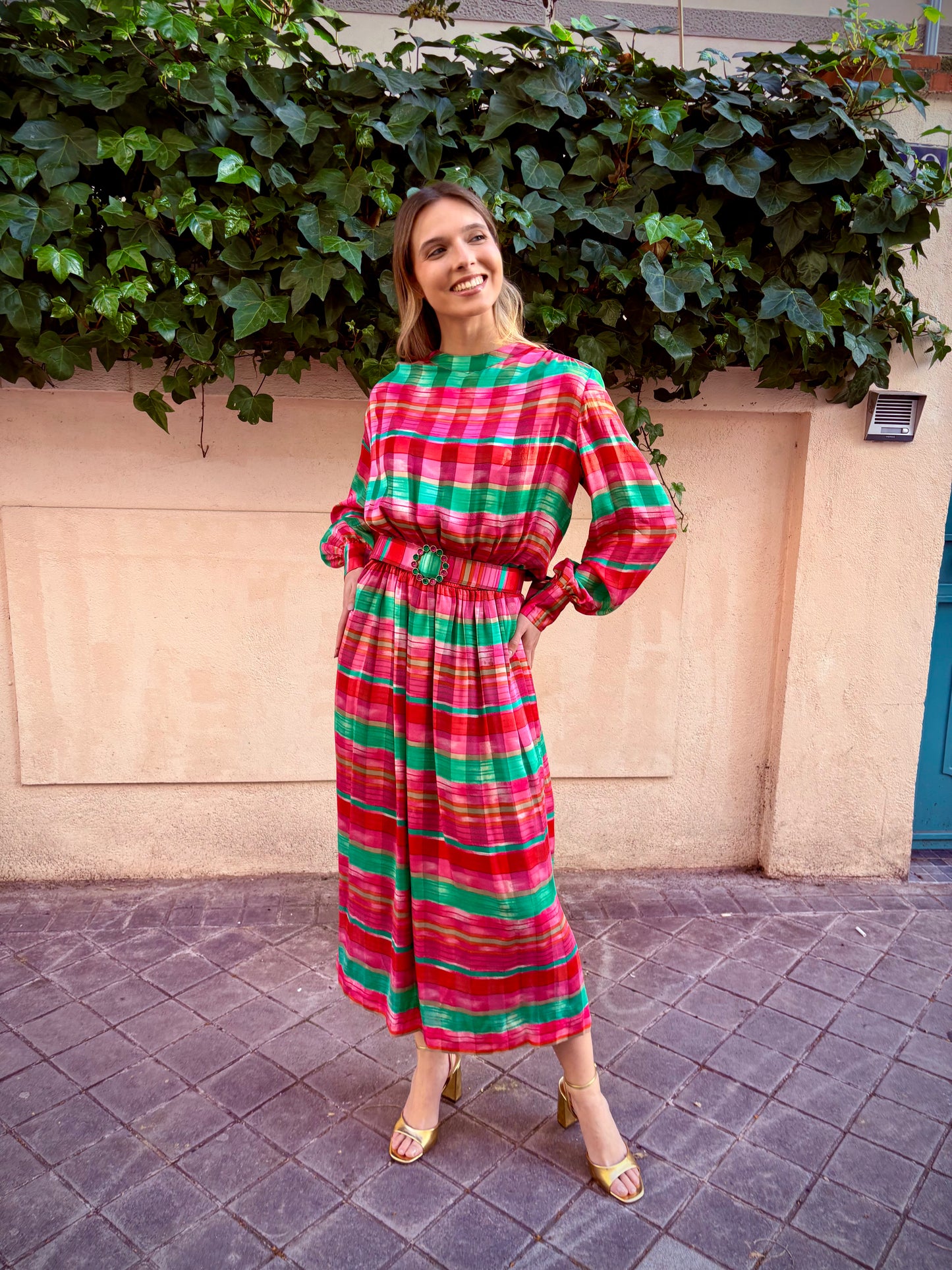 Vestido seda rayas de colores años 80