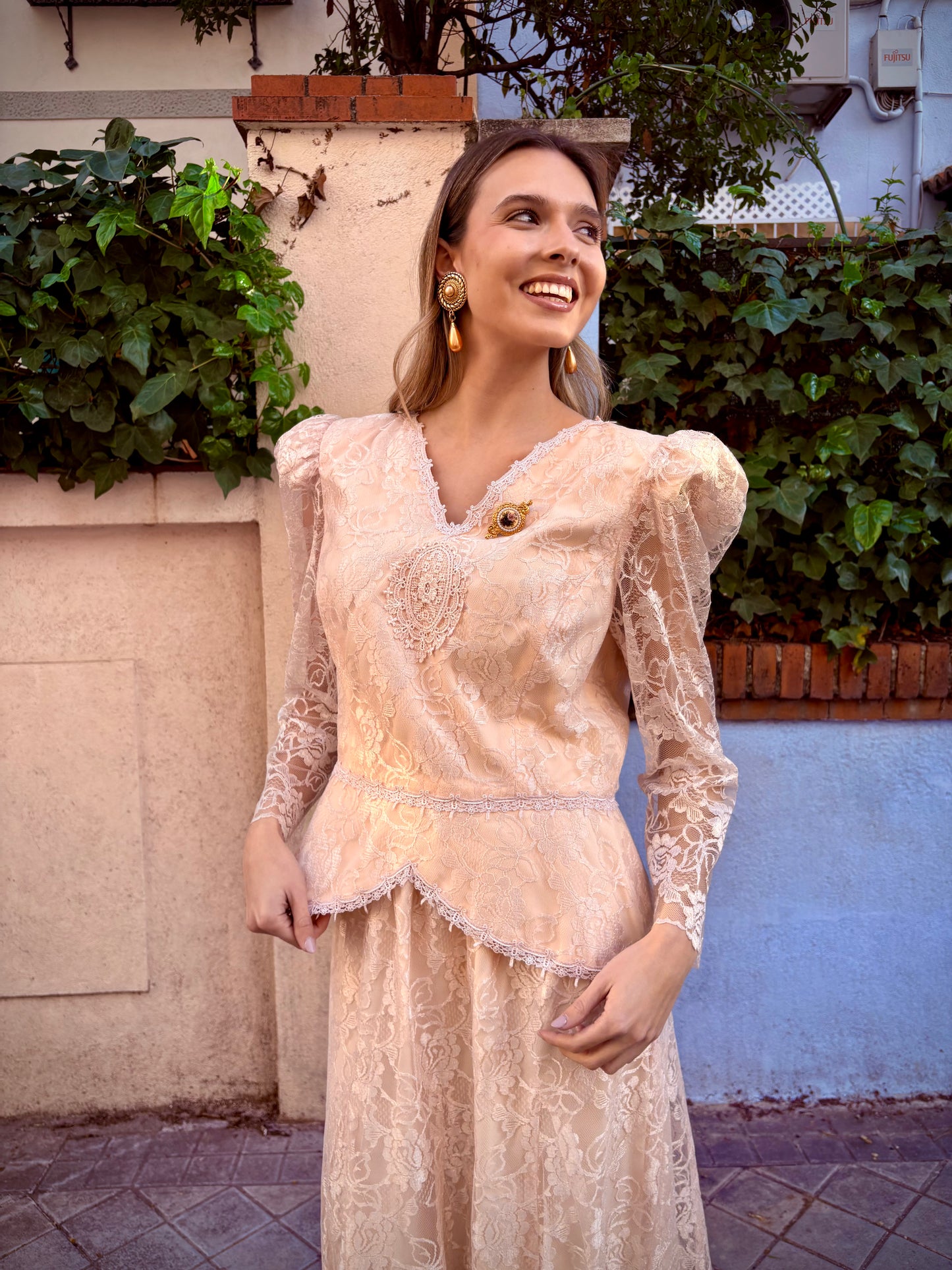 Conjunto vintage encaje rosa, años 80