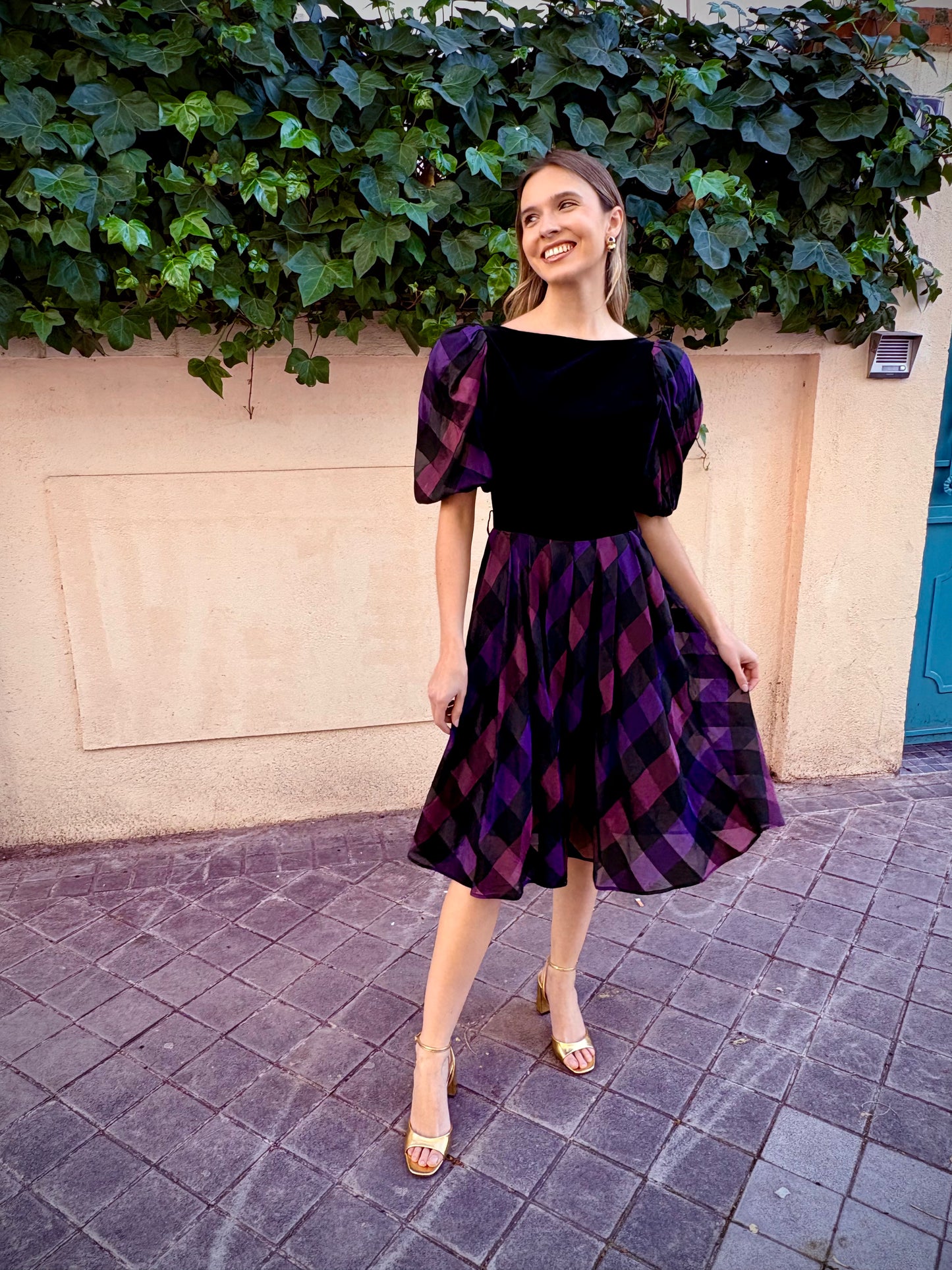 Vestido vintage terciopelo y cuadros