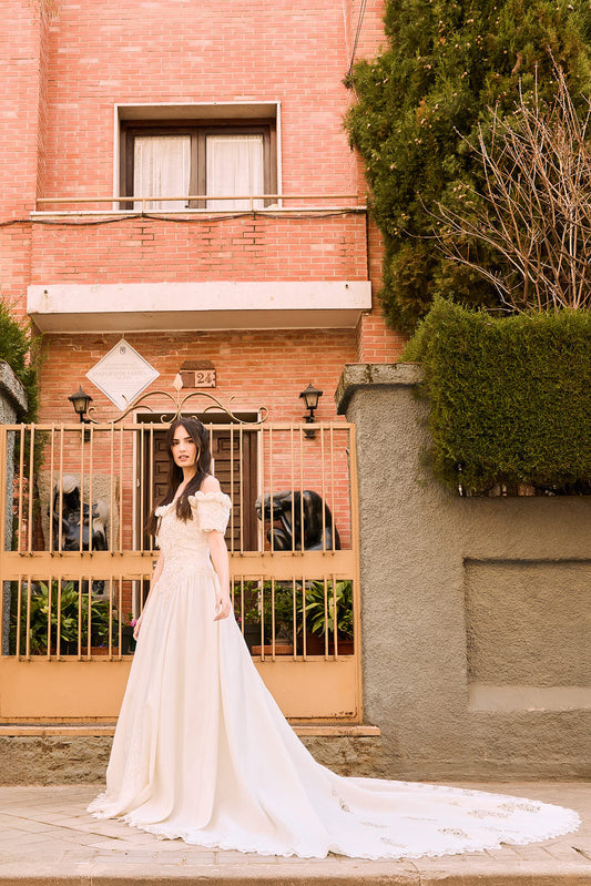 Vestido de novia vintage con pedrería y rosas
