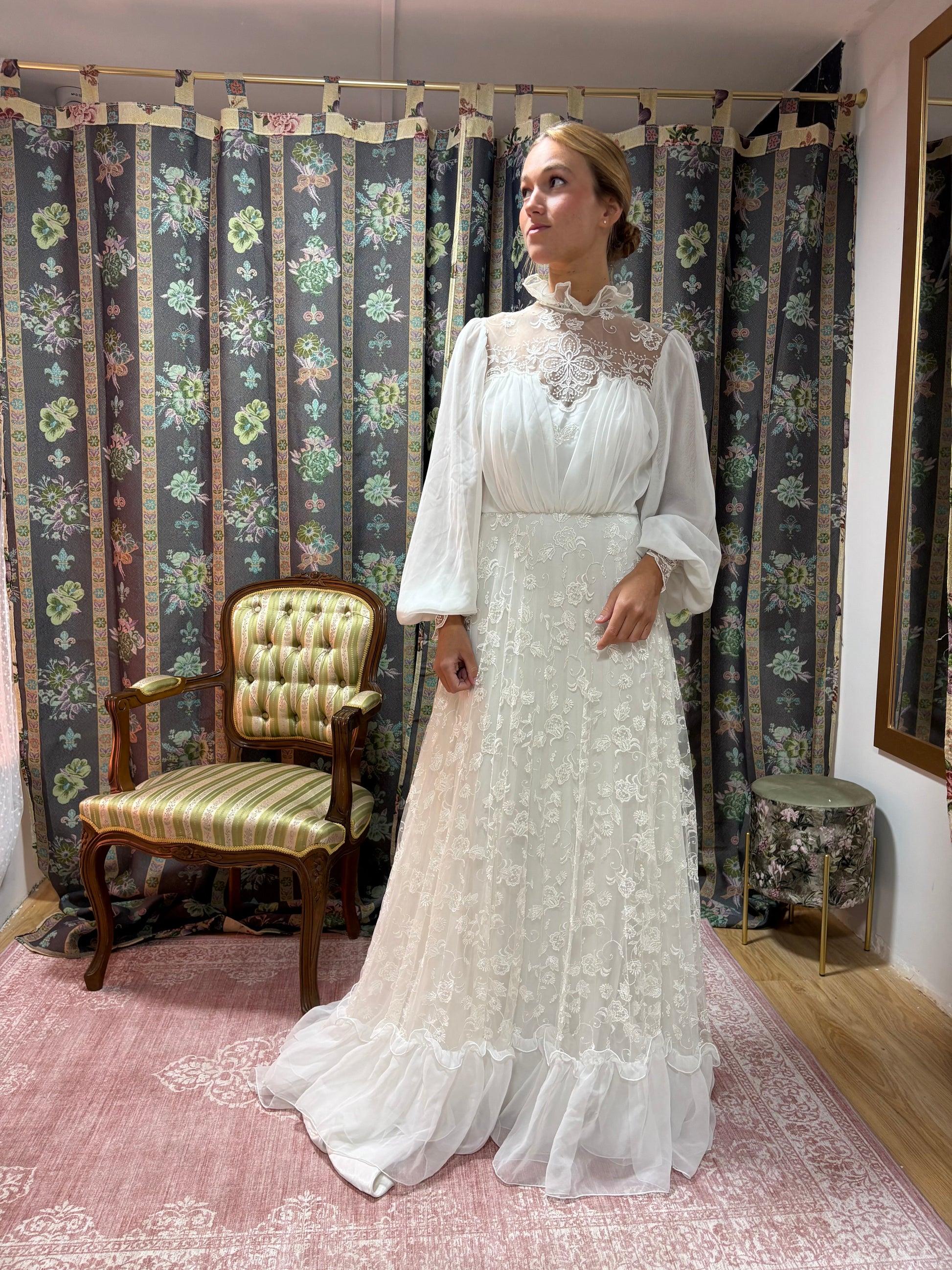 Vestido novia vintage flores 70s 