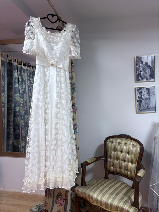 Vestido vintage tul bordado flores 