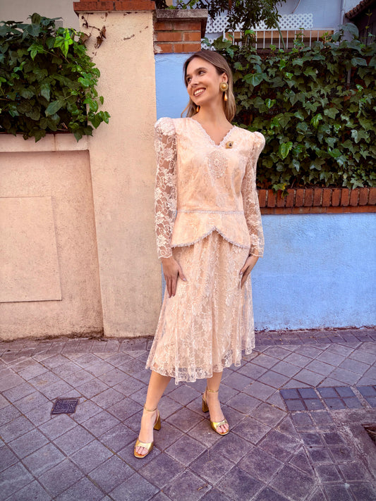 Conjunto vintage encaje rosa, años 80