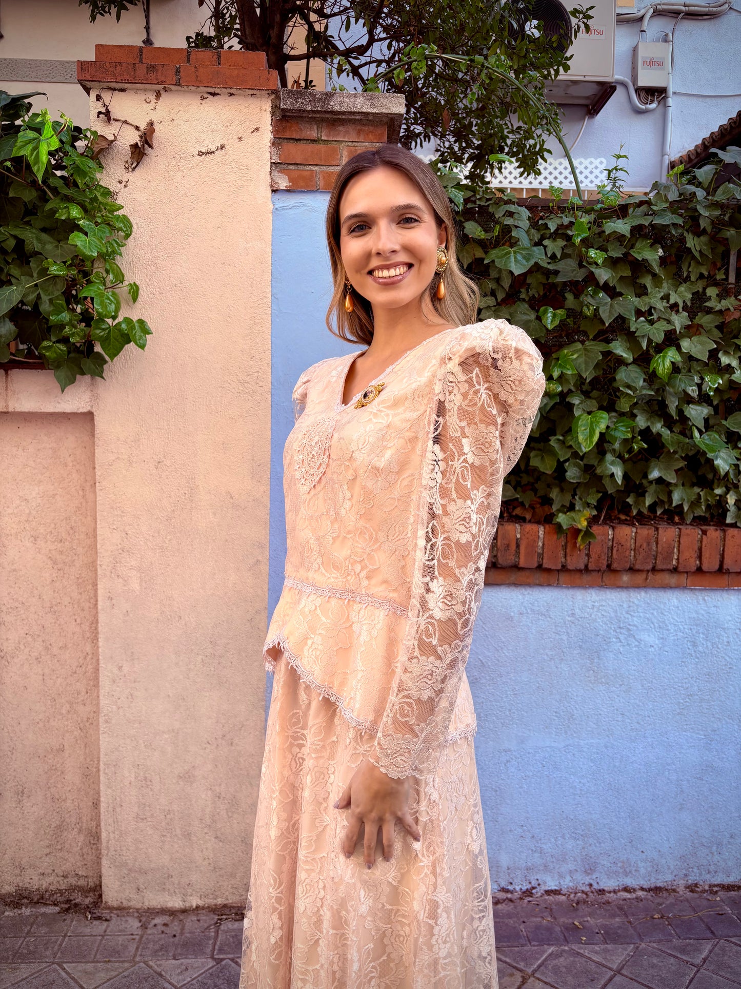 Conjunto vintage encaje rosa, años 80