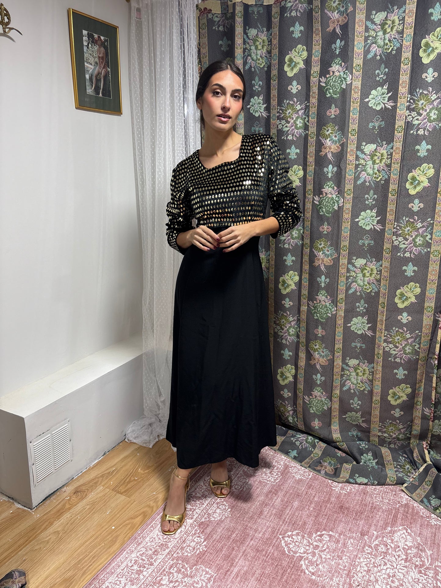 vestido vintage terciopelo y dorado 